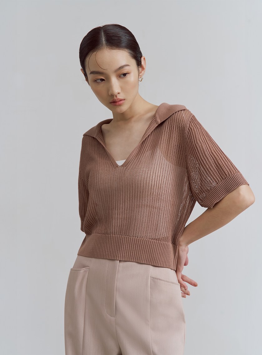 POLO領鏤空針織短袖上衣