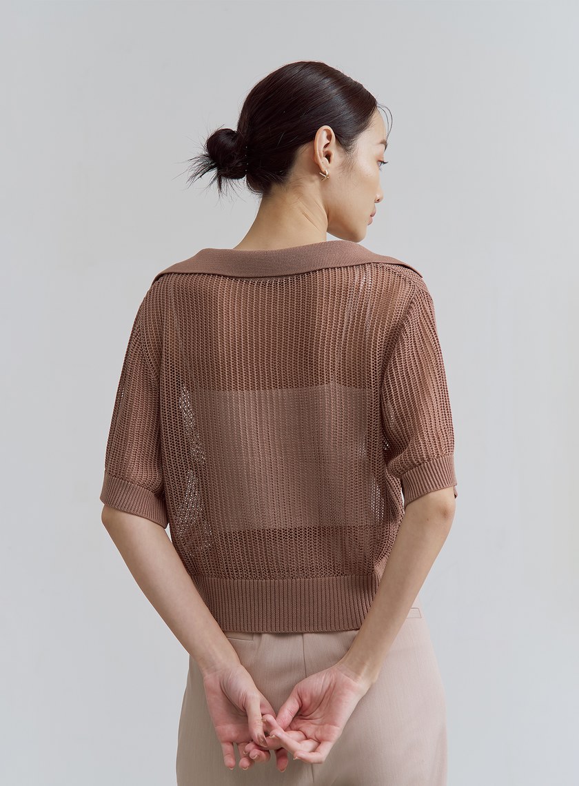 POLO領鏤空針織短袖上衣