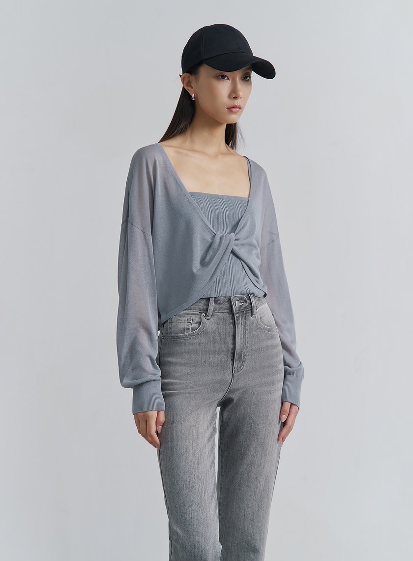 扭轉開襟雙面穿針織上衣