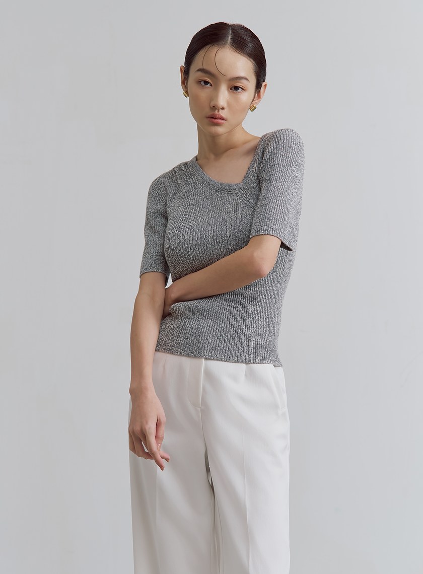 斜領短袖針織上衣