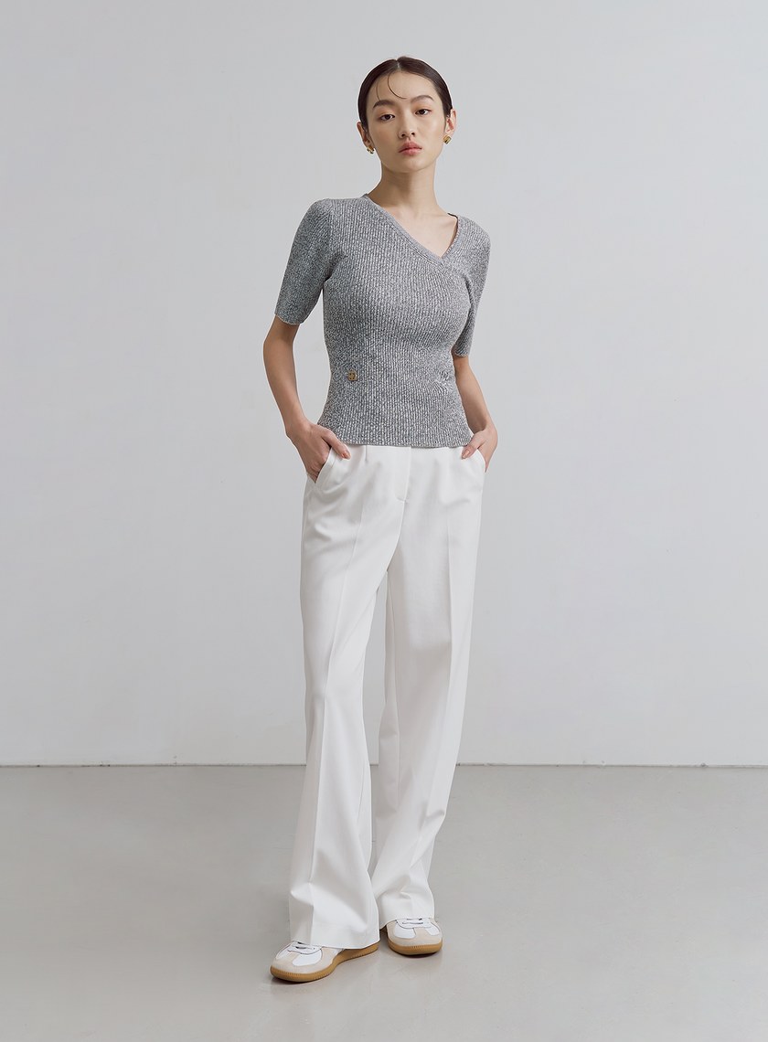 斜領短袖針織上衣