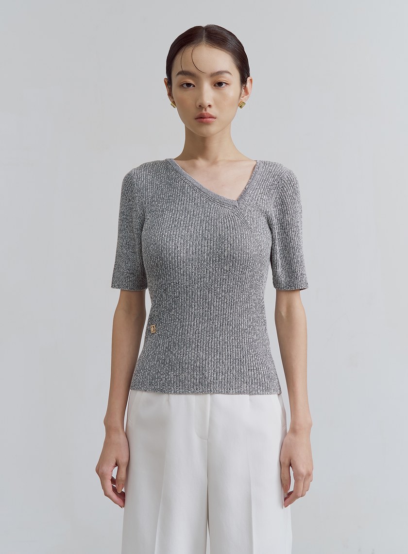 斜領短袖針織上衣