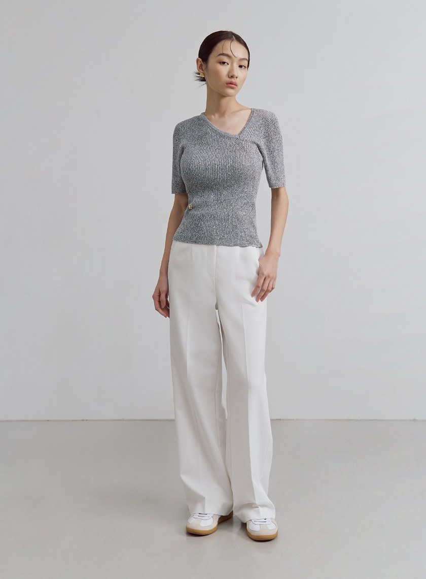 斜領短袖針織上衣