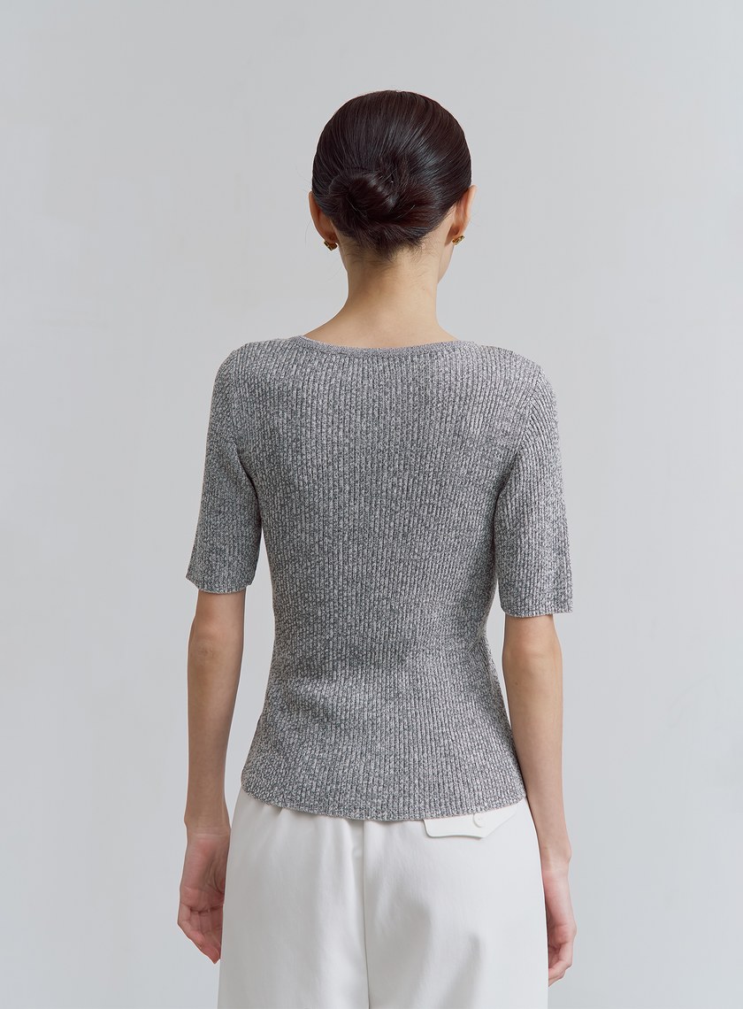 斜領短袖針織上衣