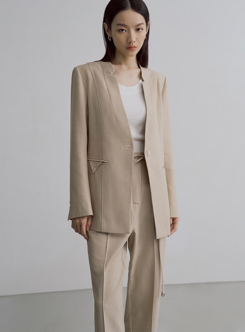 簡約無領天絲羊毛西裝外套