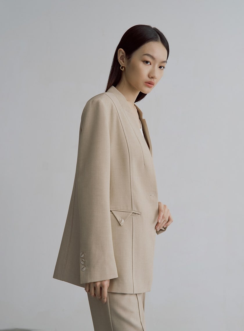 簡約無領天絲羊毛西裝外套