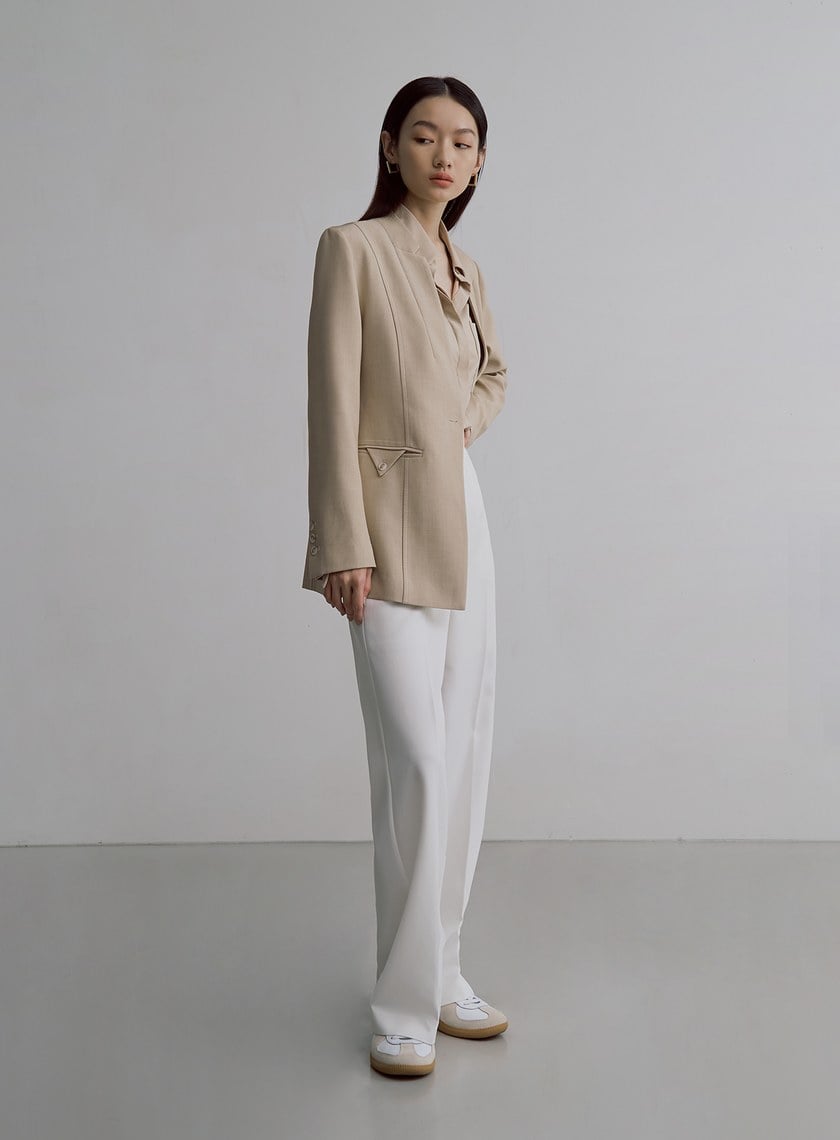 簡約無領天絲羊毛西裝外套