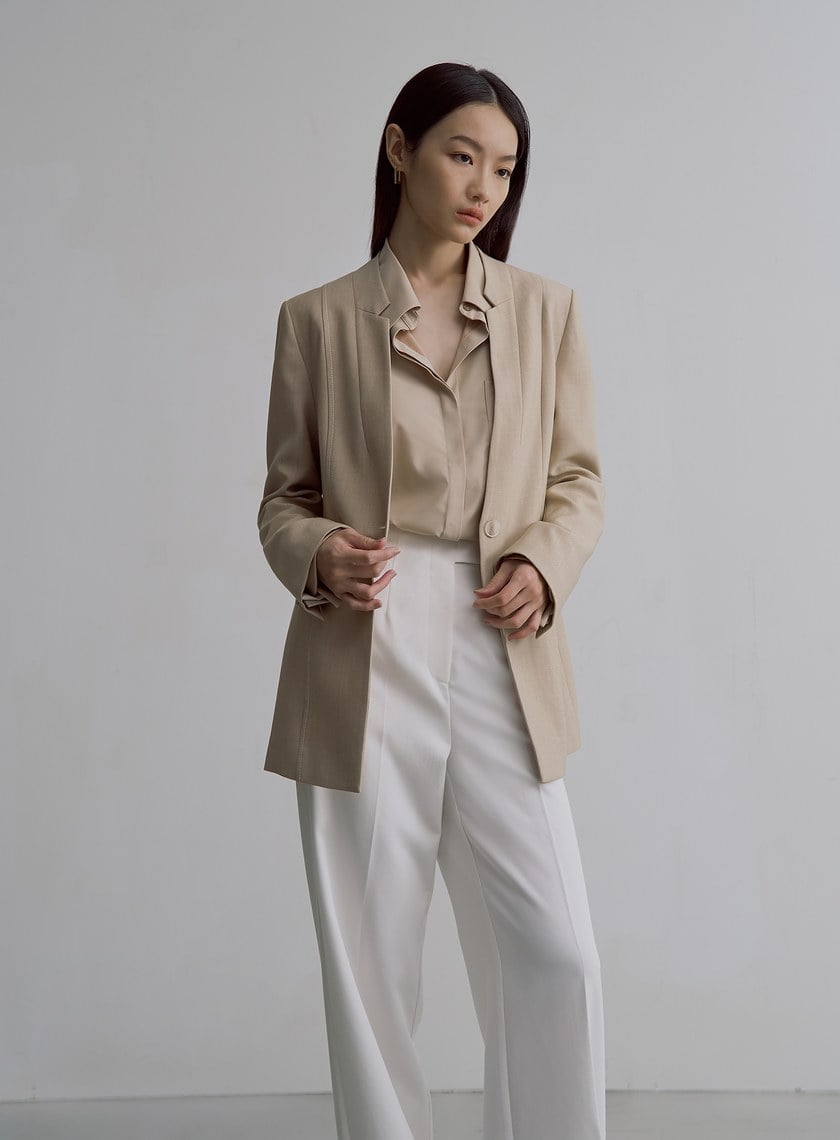 簡約無領天絲羊毛西裝外套