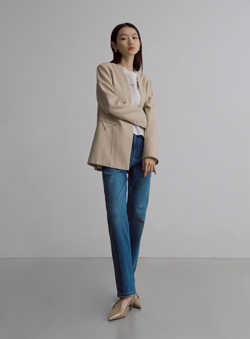 簡約無領天絲羊毛西裝外套