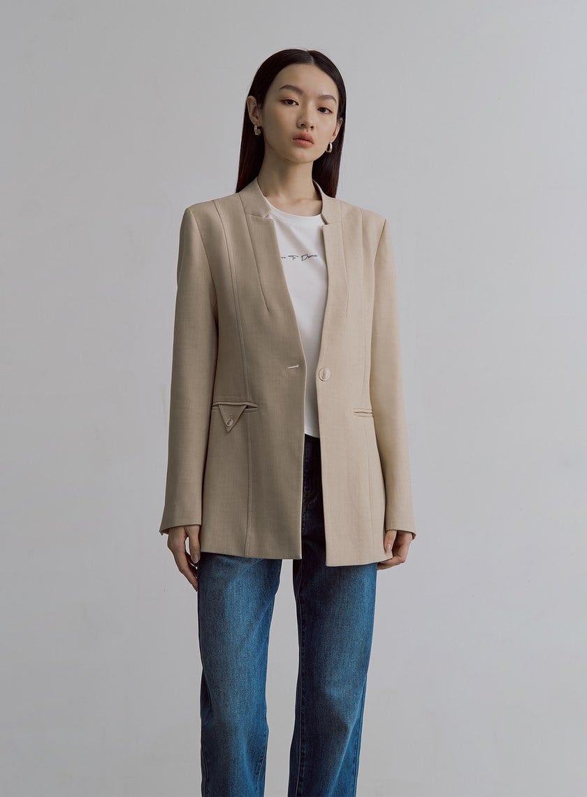 簡約無領天絲羊毛西裝外套
