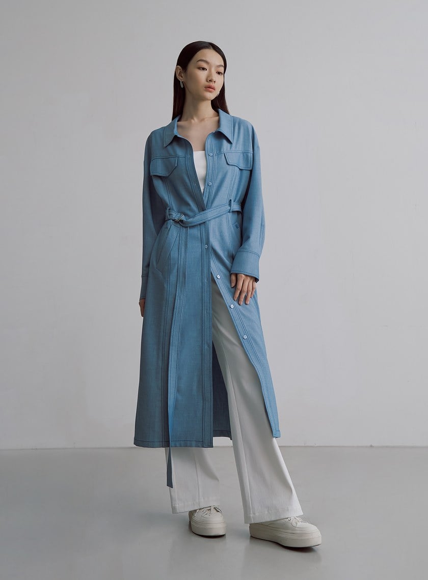 率性長版仿牛仔襯衫外套