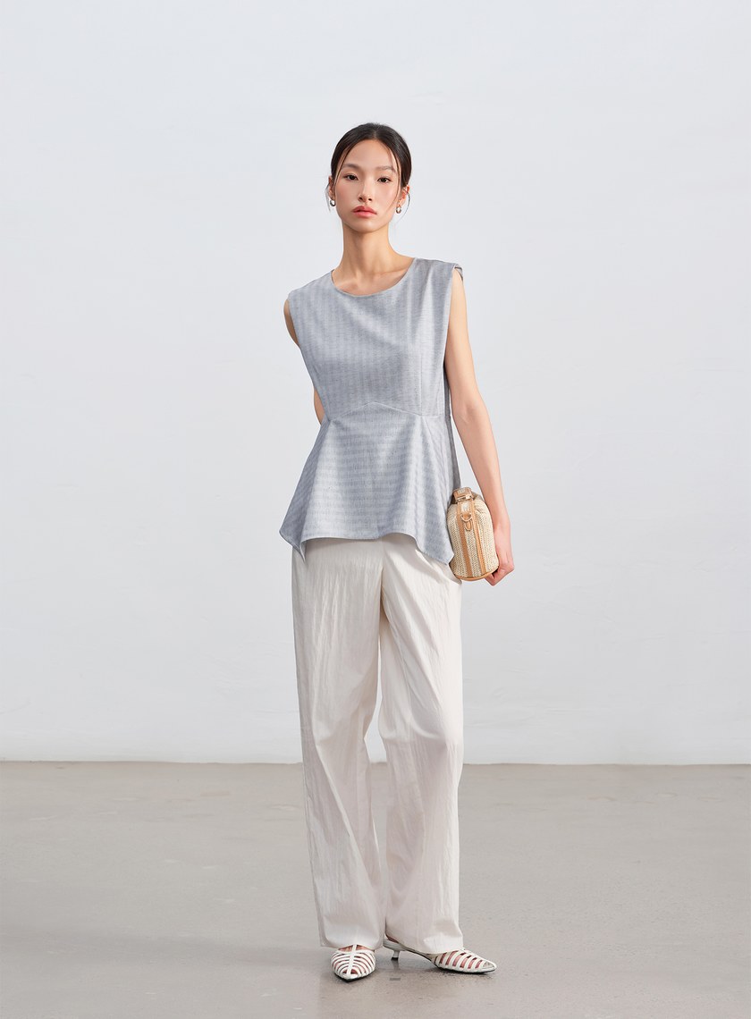 條紋不對稱亞麻修身上衣