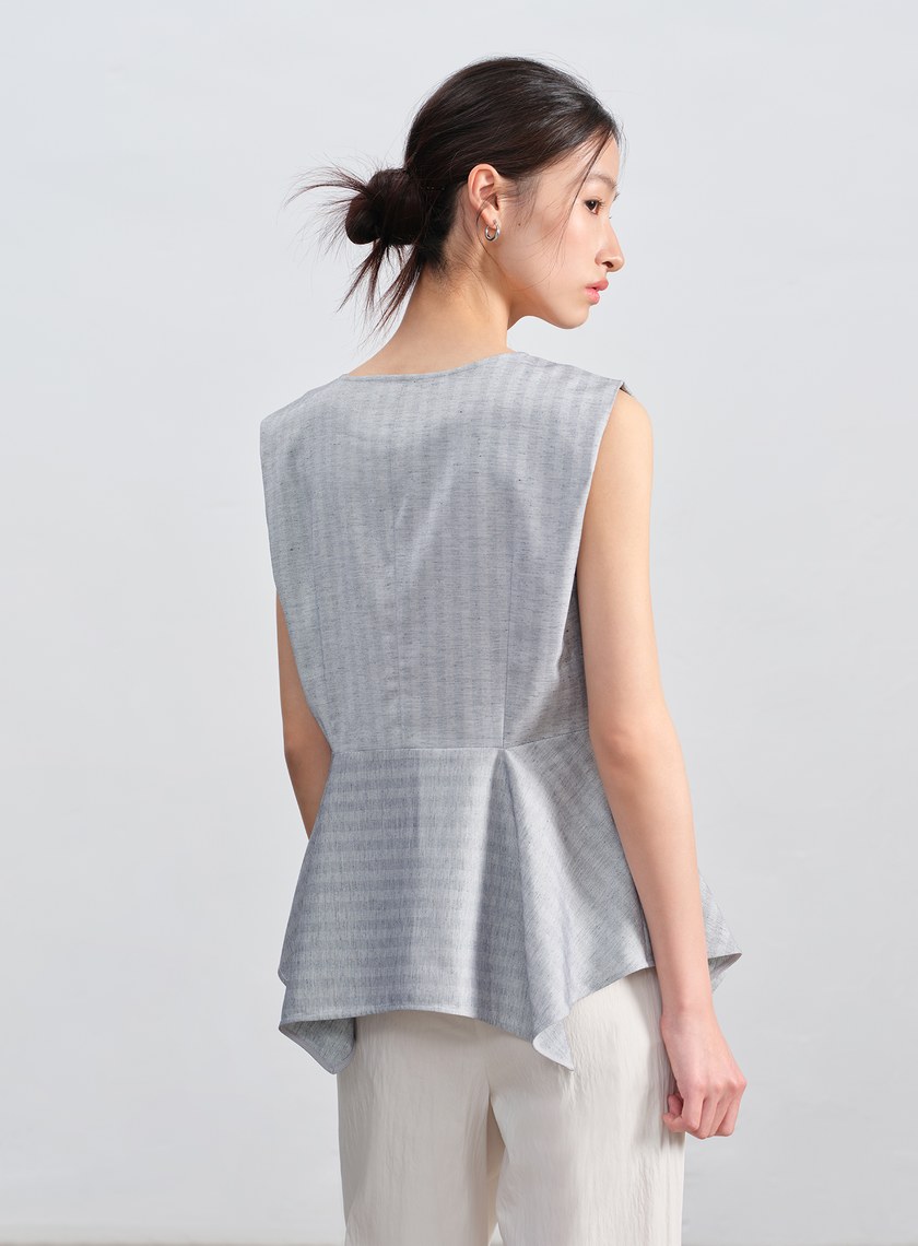 條紋不對稱亞麻修身上衣