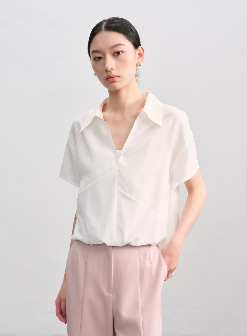 紙紗不對稱拼接襯衫