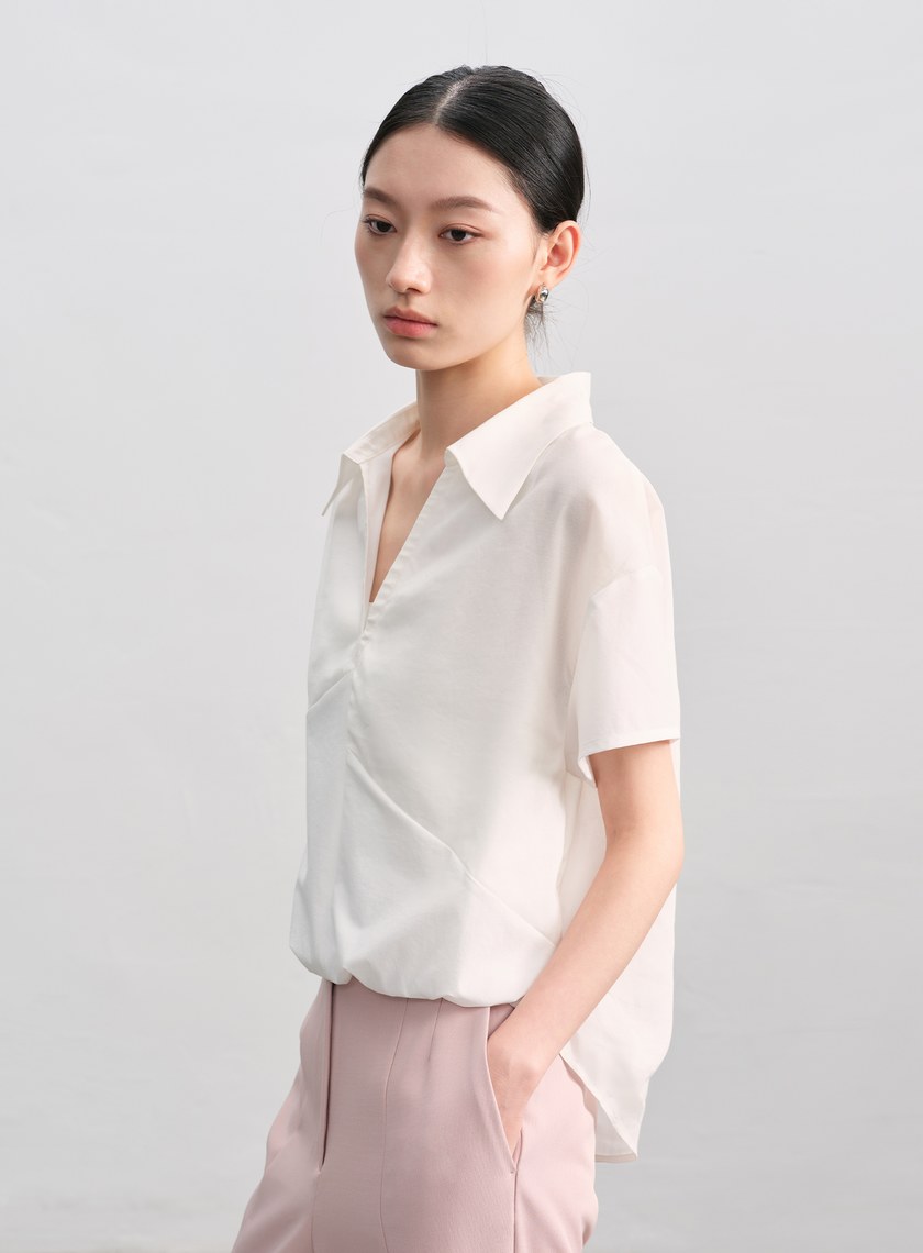 紙紗不對稱拼接襯衫
