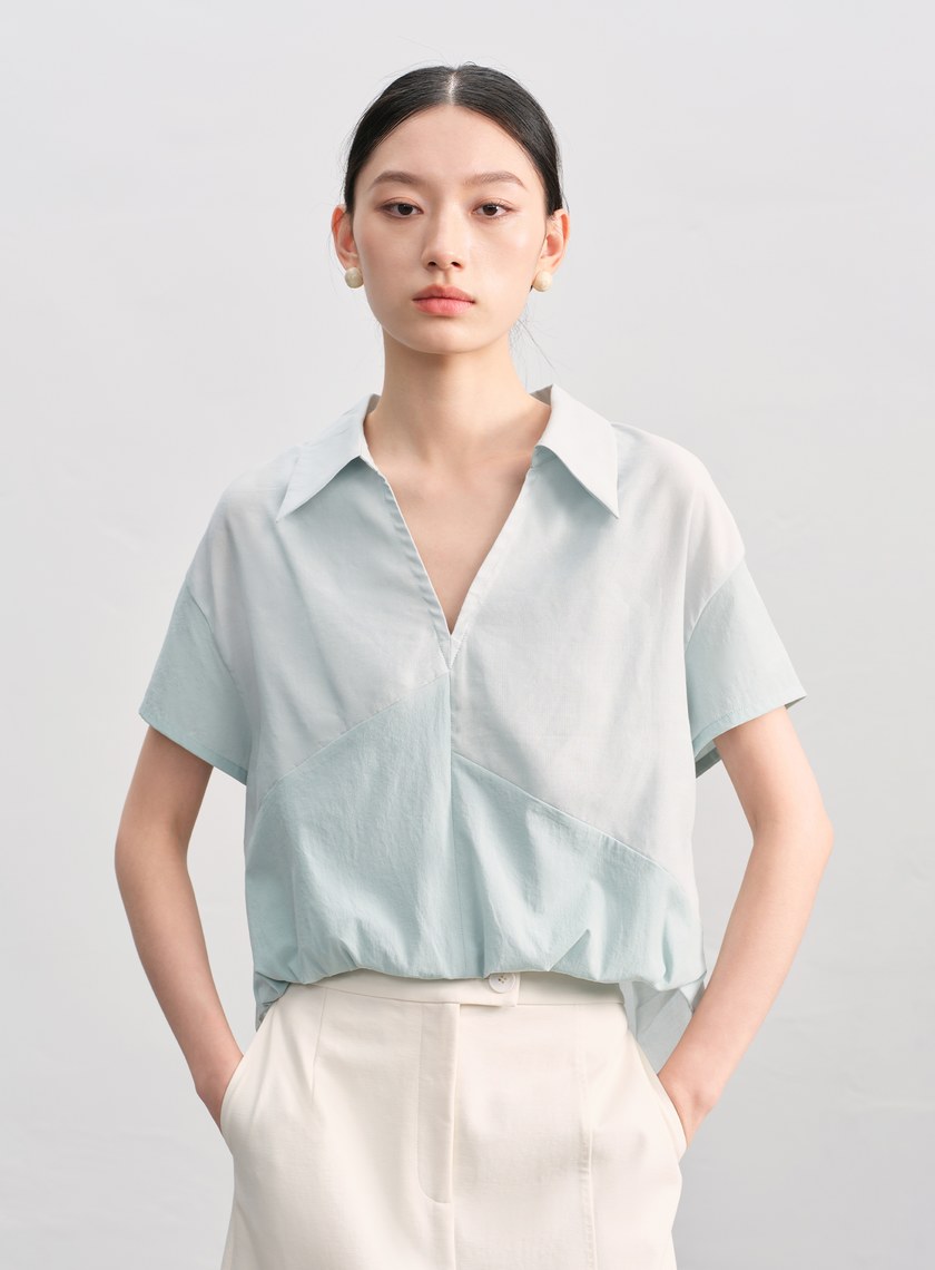 紙紗不對稱拼接襯衫
