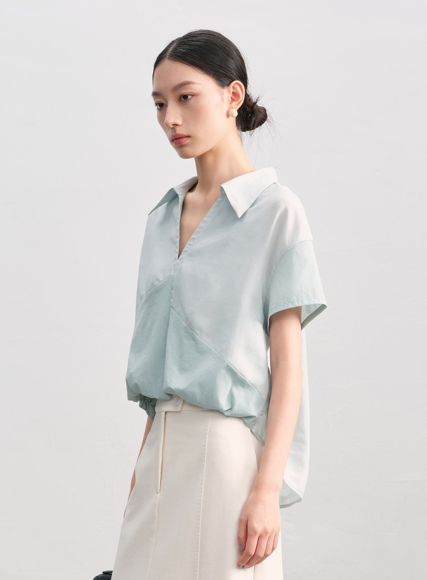 紙紗不對稱拼接襯衫