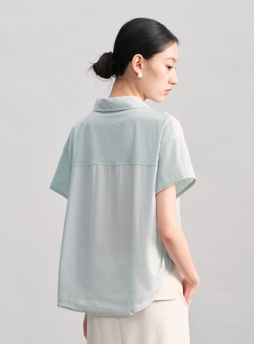 紙紗不對稱拼接襯衫