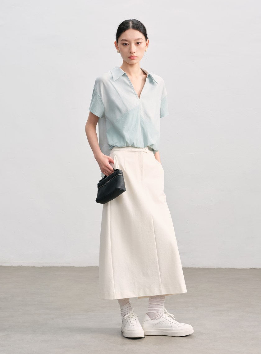 紙紗不對稱拼接襯衫