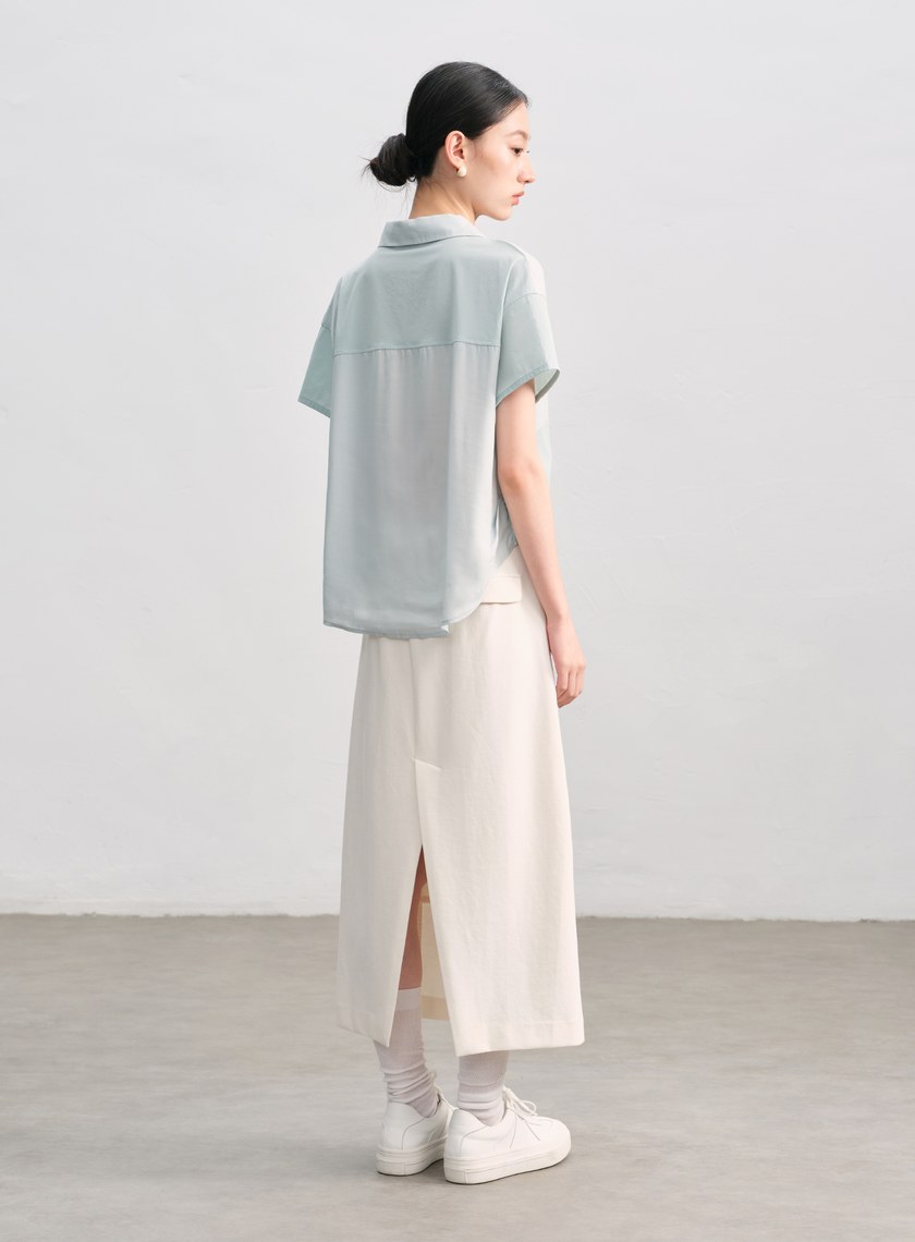 紙紗不對稱拼接襯衫