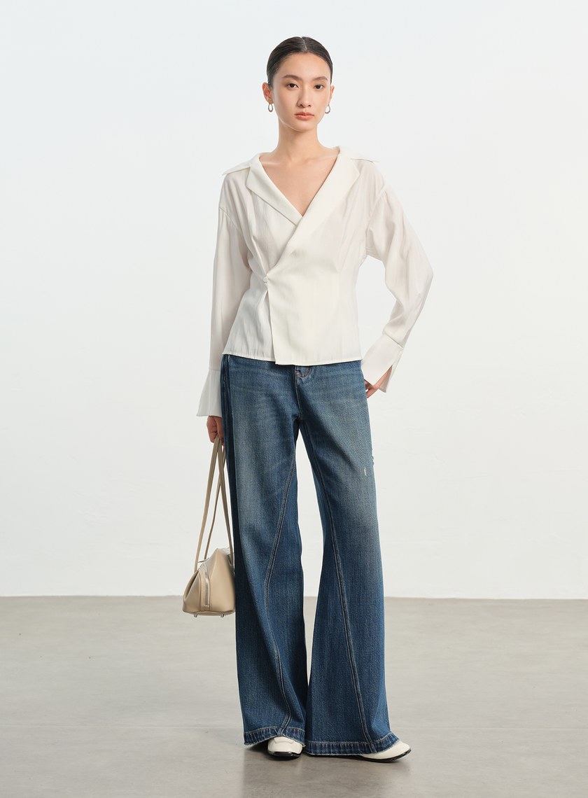 法式大翻領收腰襯衫