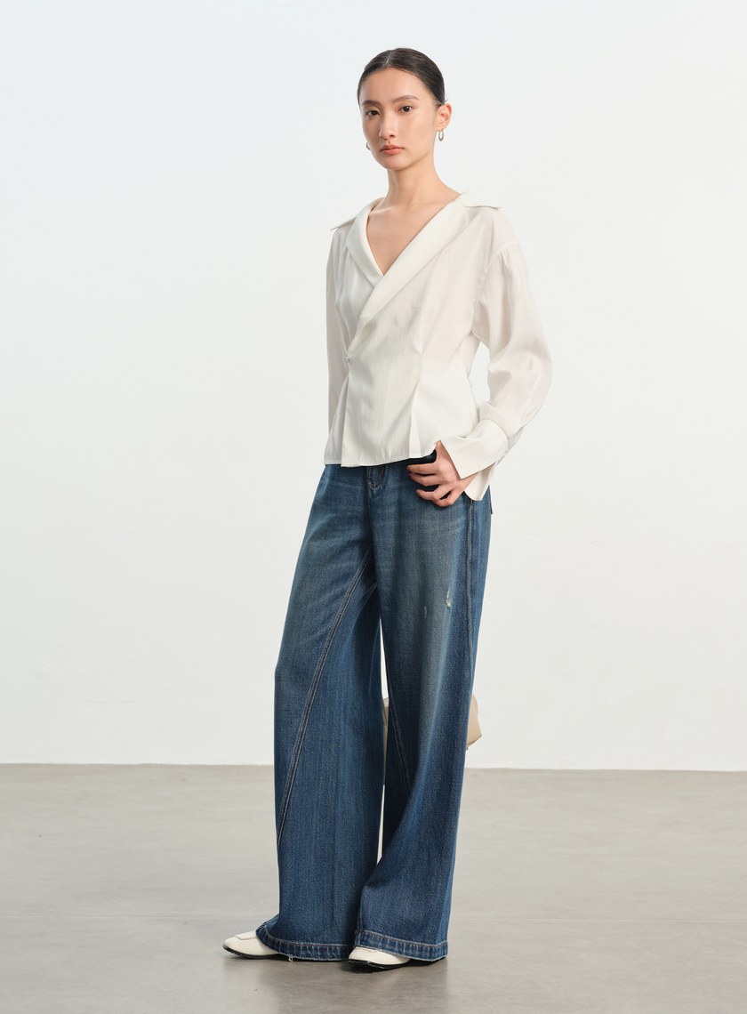 法式大翻領收腰襯衫