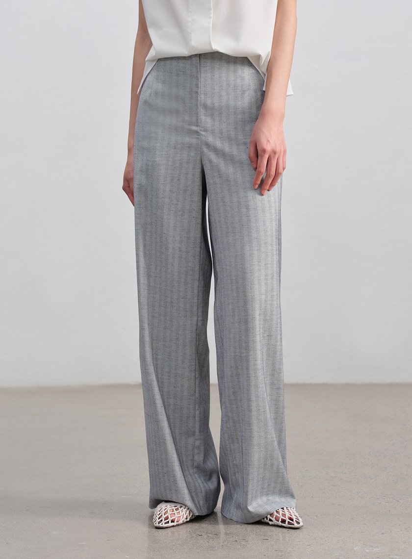 條紋亞麻修身寬褲