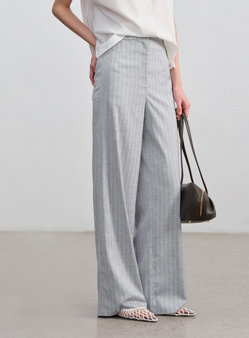 條紋亞麻修身寬褲