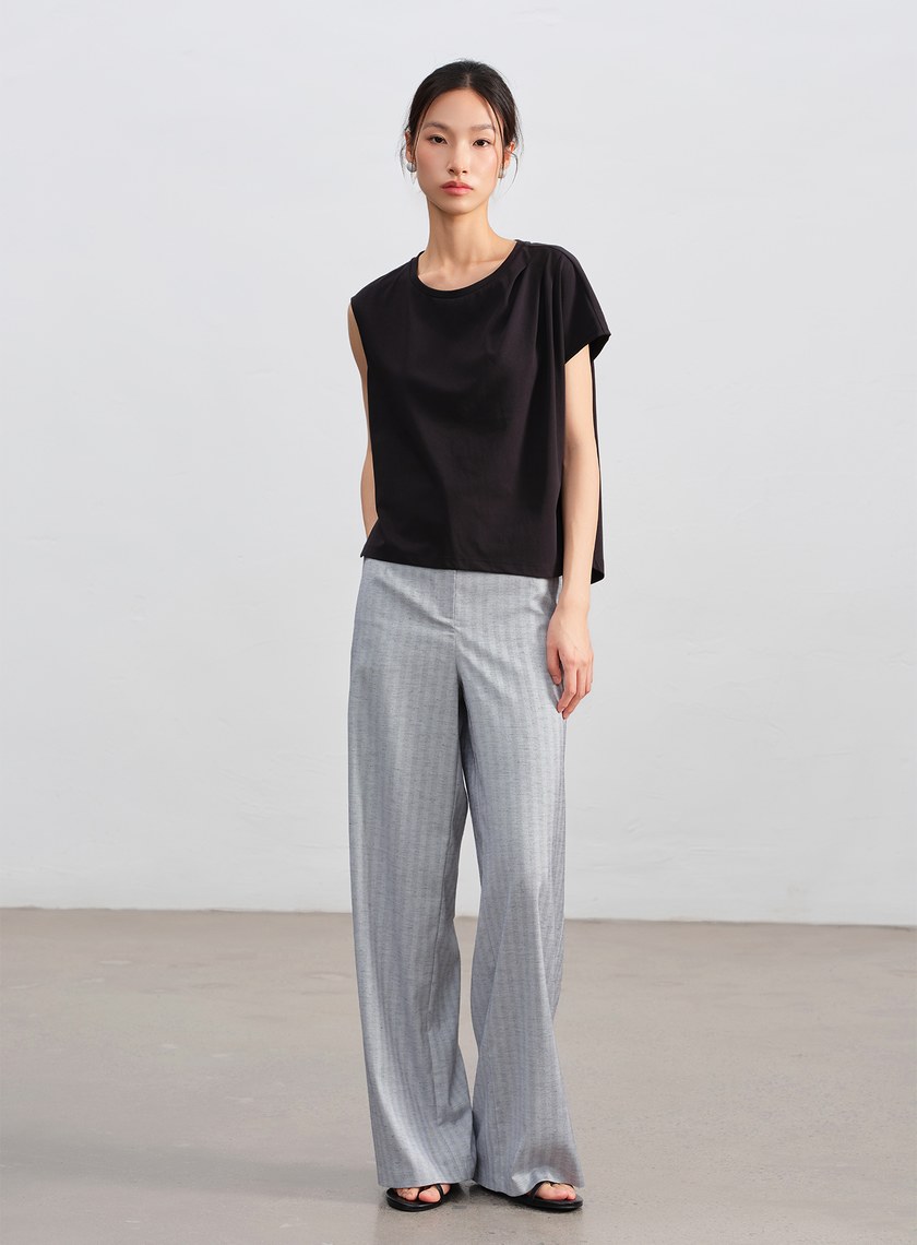 條紋亞麻修身寬褲