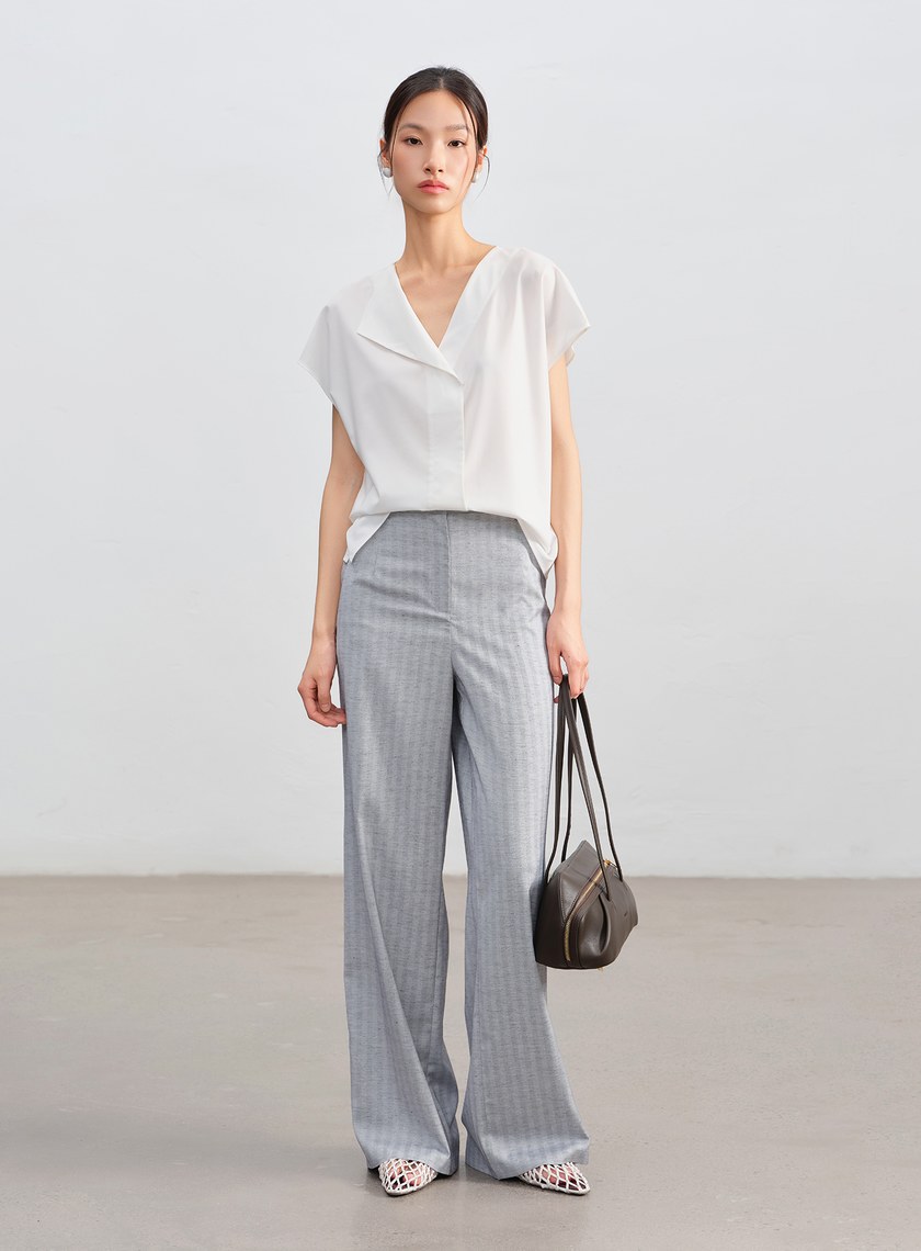 條紋亞麻修身寬褲