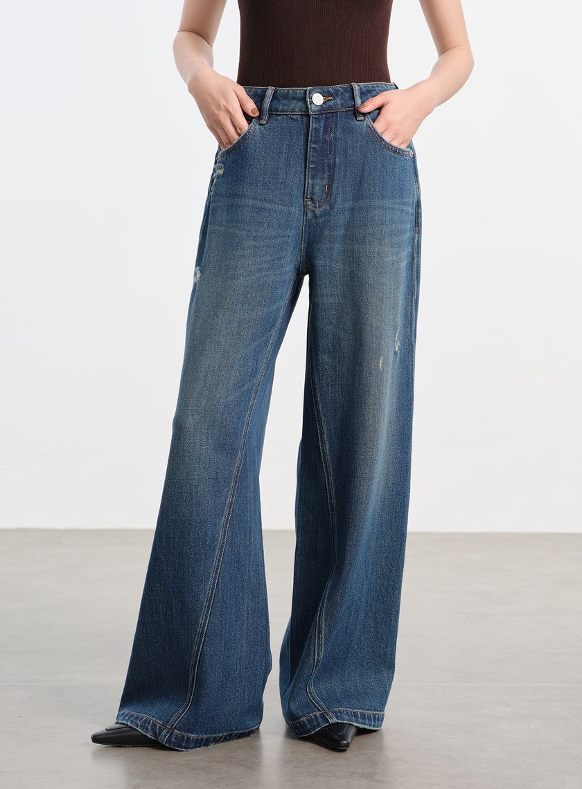 復古斜剪接牛仔闊腿褲