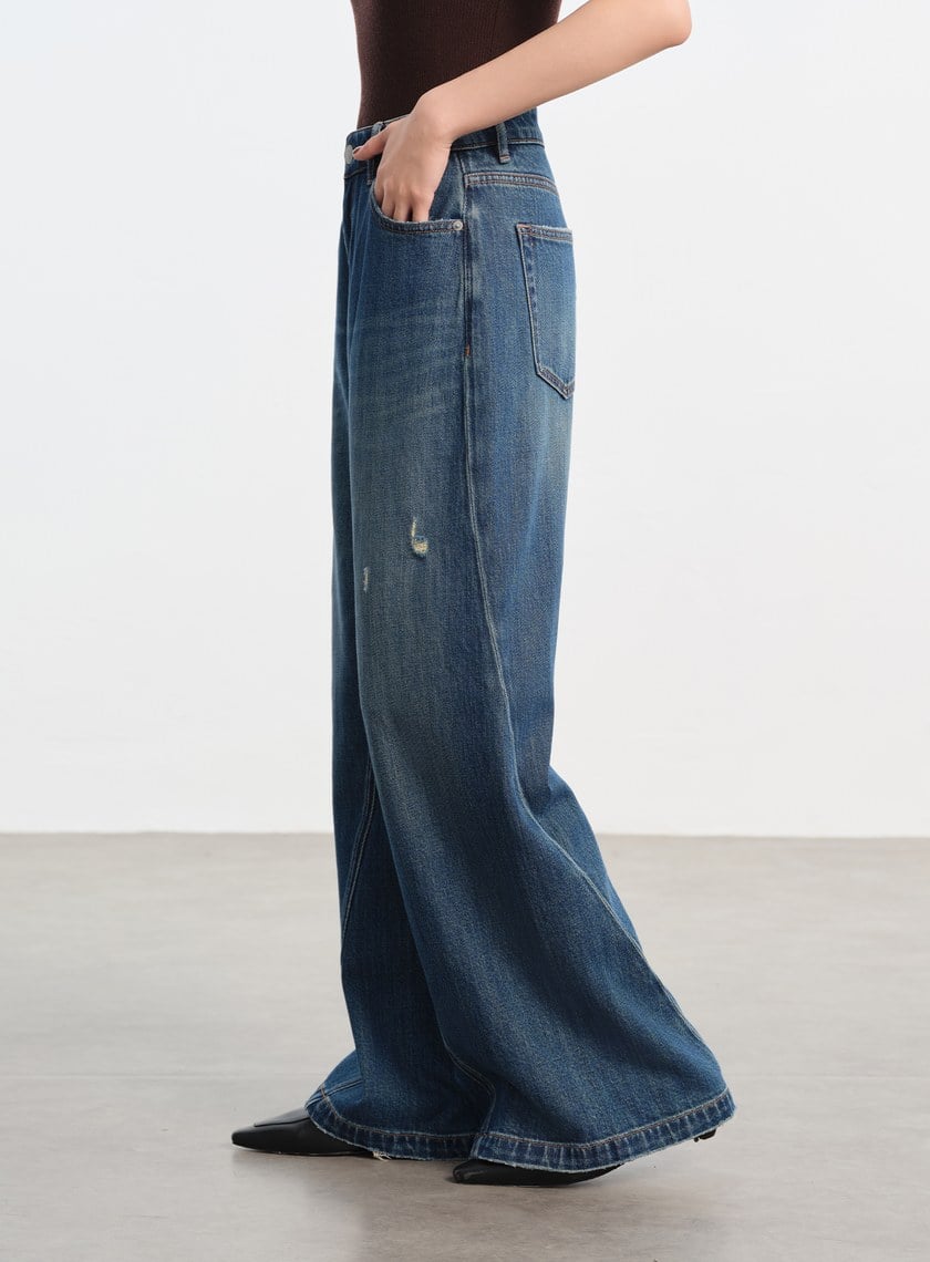 復古斜剪接牛仔闊腿褲