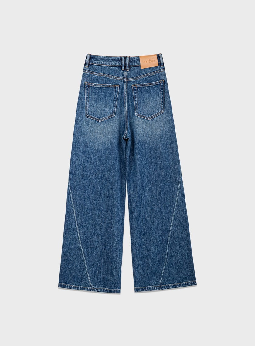 復古斜剪接牛仔闊腿褲