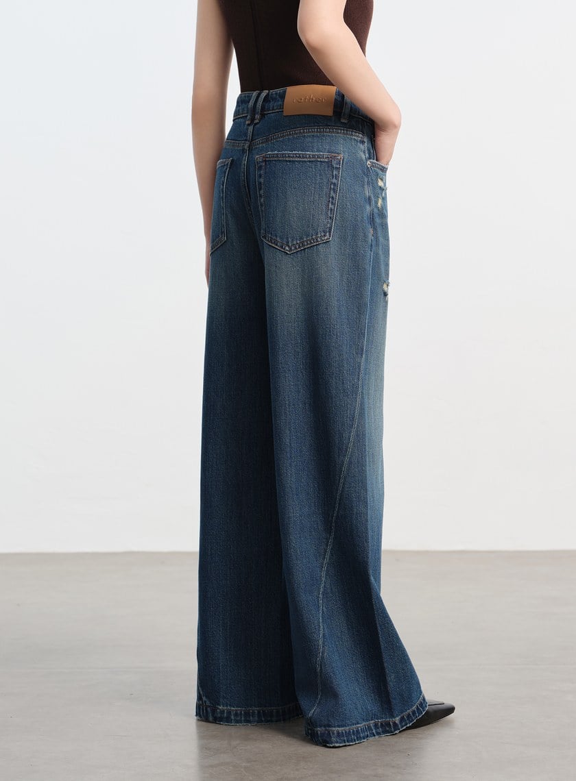 復古斜剪接牛仔闊腿褲