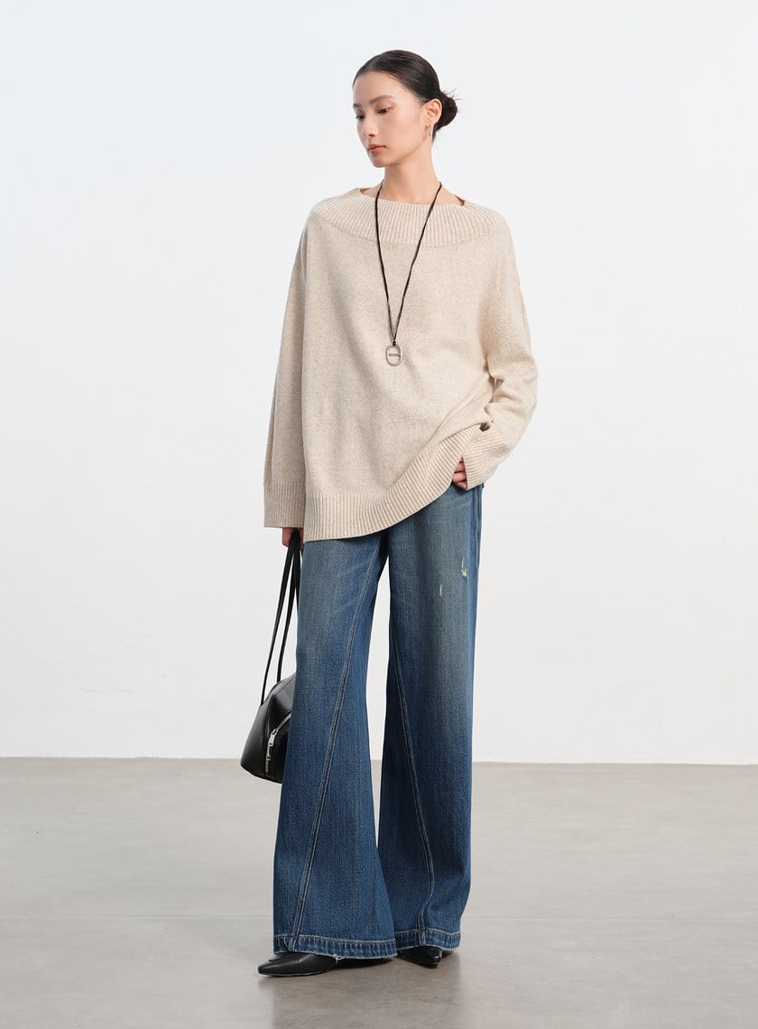 復古斜剪接牛仔闊腿褲