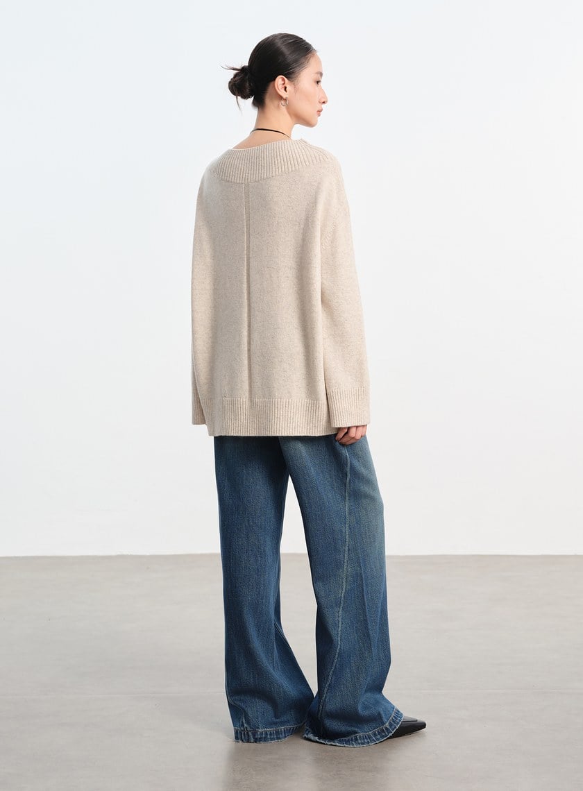 復古斜剪接牛仔闊腿褲