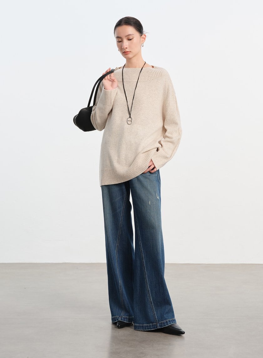 復古斜剪接牛仔闊腿褲