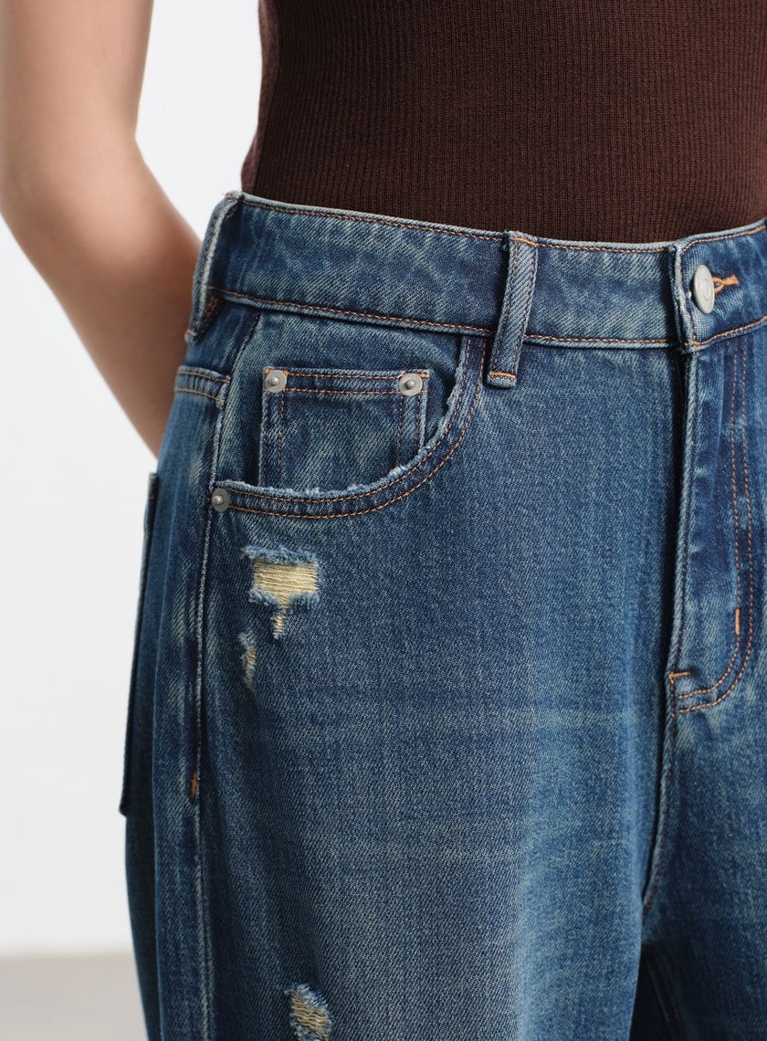 復古斜剪接牛仔闊腿褲