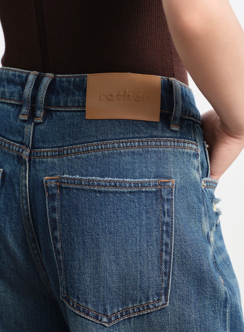 復古斜剪接牛仔闊腿褲