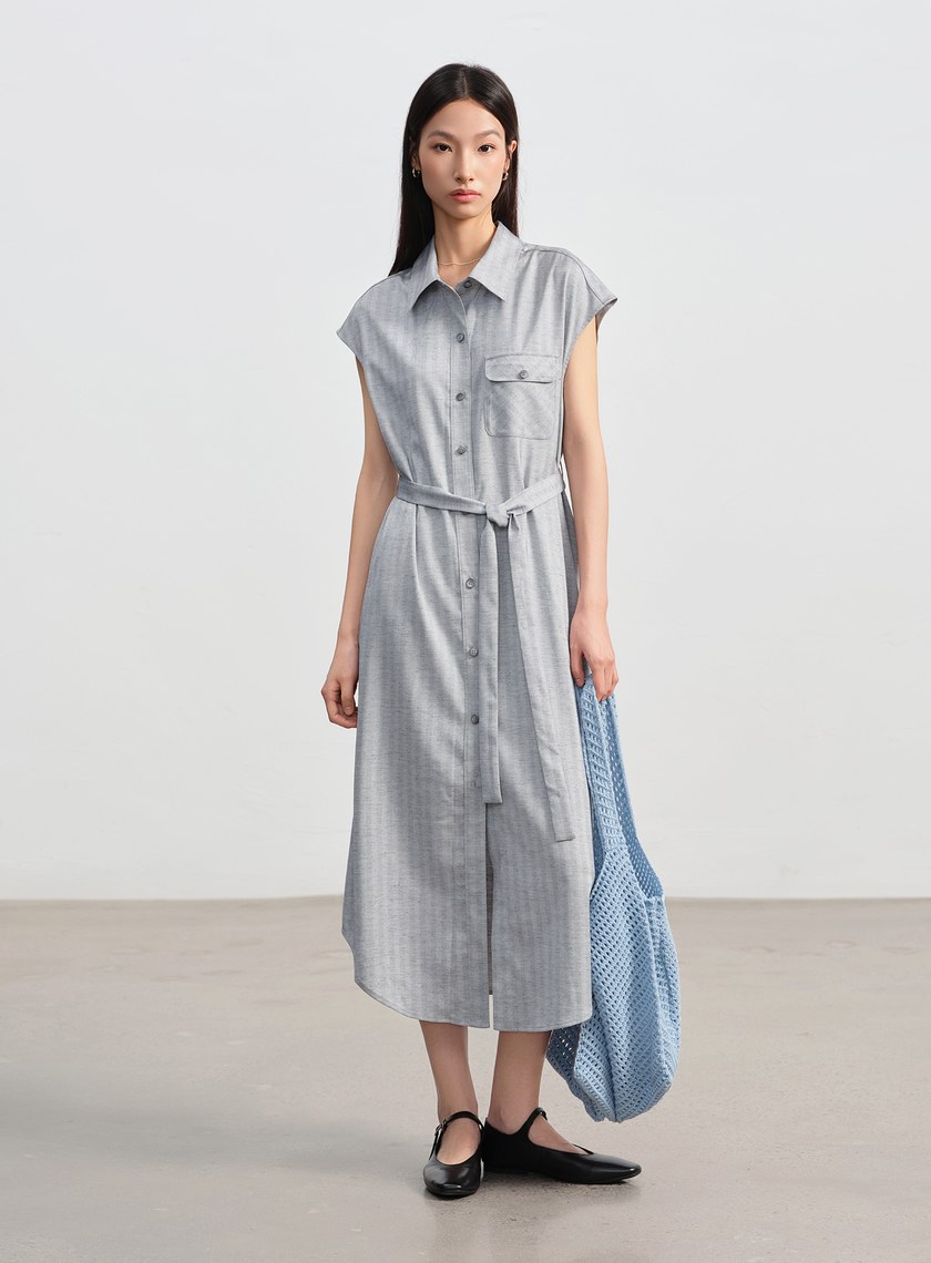 條紋亞麻襯衫洋裝