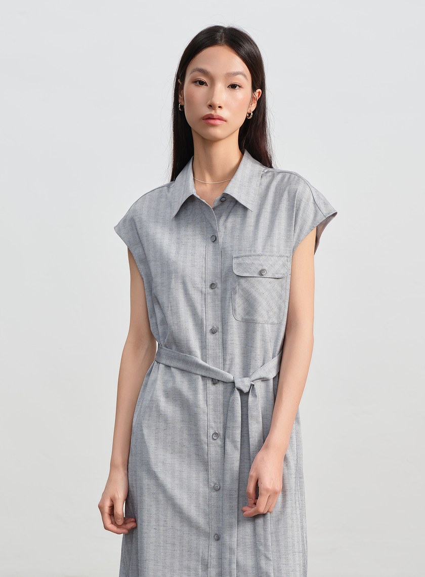 條紋亞麻襯衫洋裝