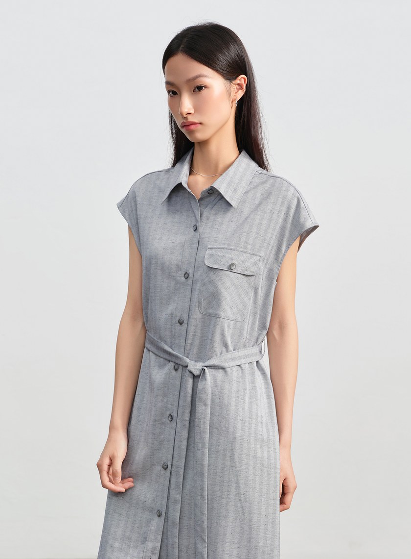 條紋亞麻襯衫洋裝