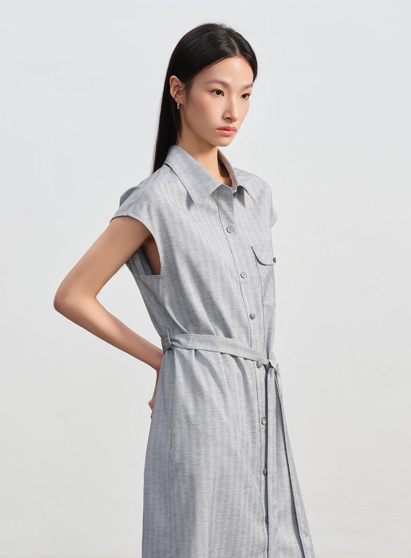 條紋亞麻襯衫洋裝