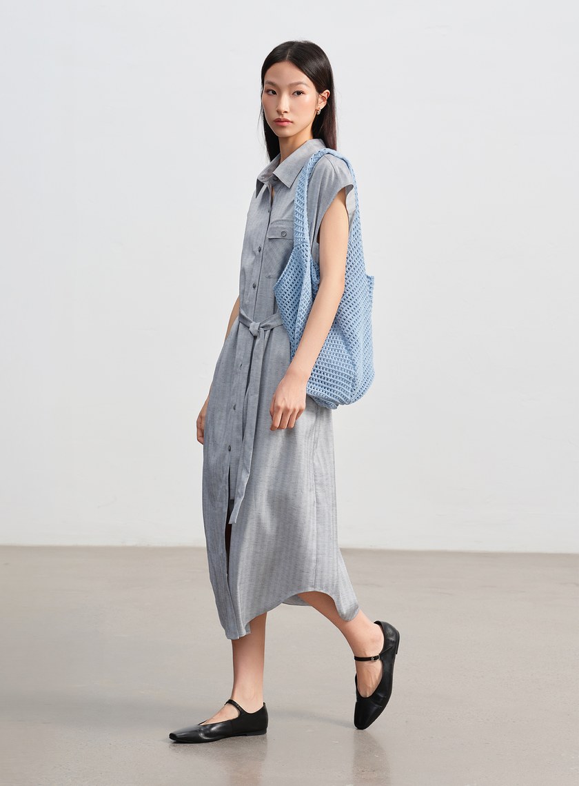 條紋亞麻襯衫洋裝