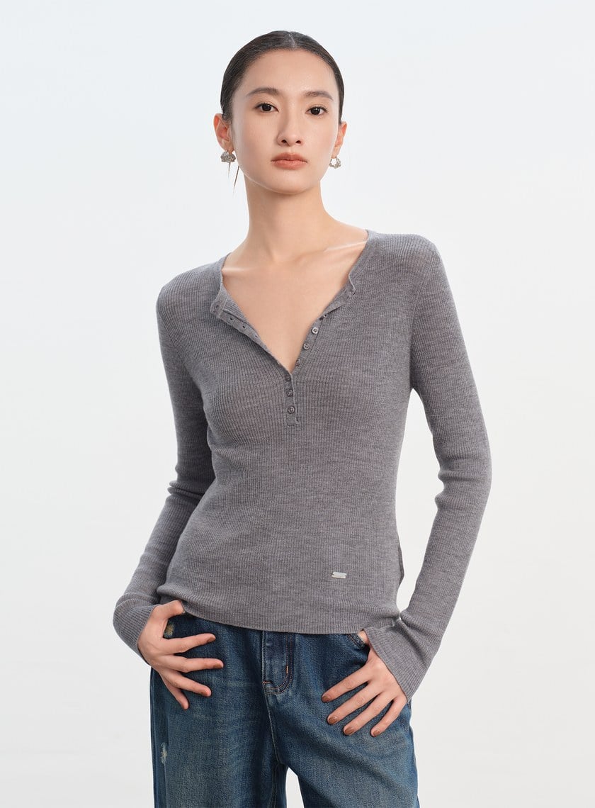 純羊毛半開襟針織上衣