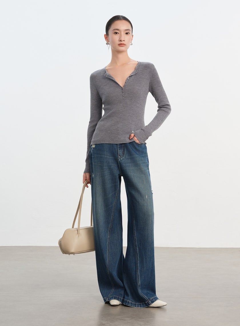 純羊毛半開襟針織上衣