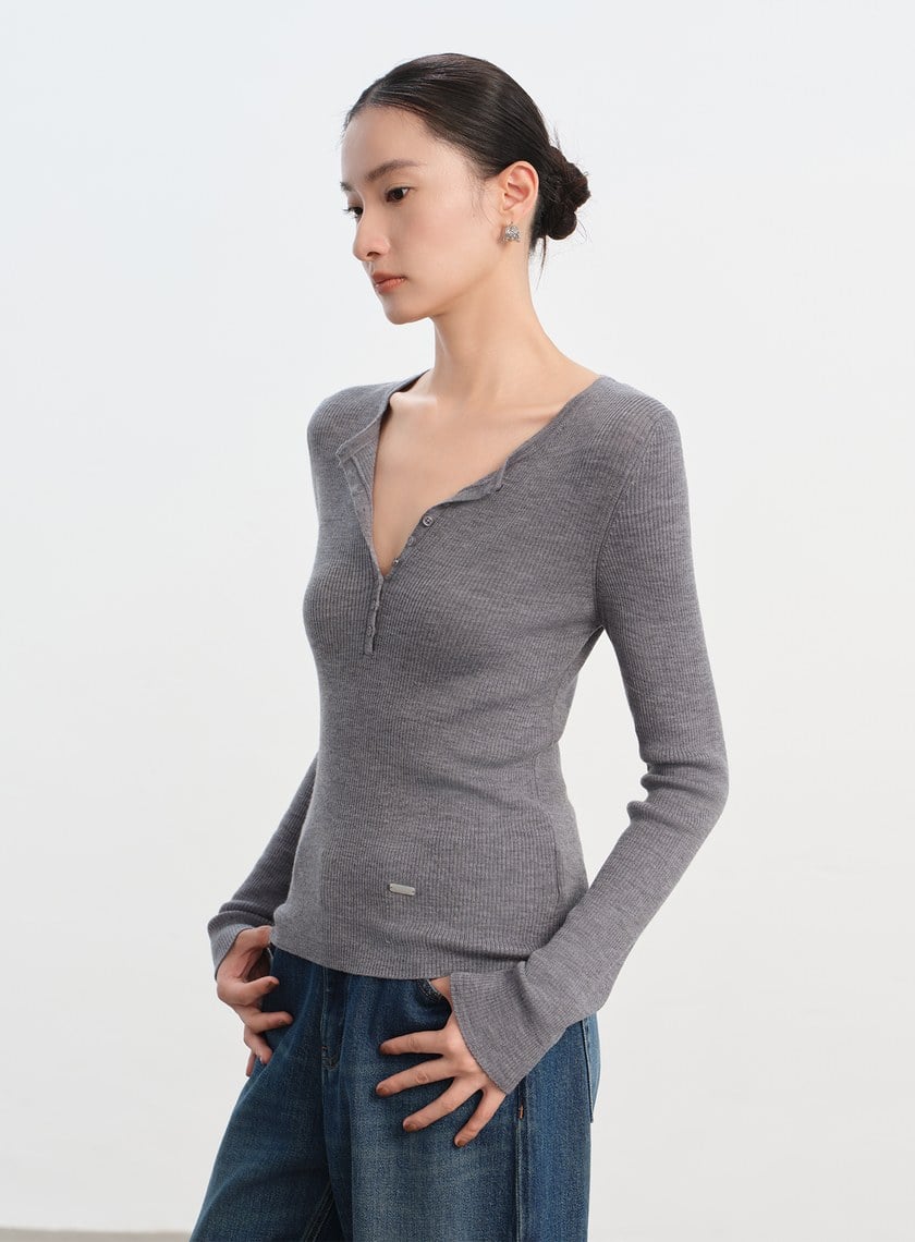 純羊毛半開襟針織上衣