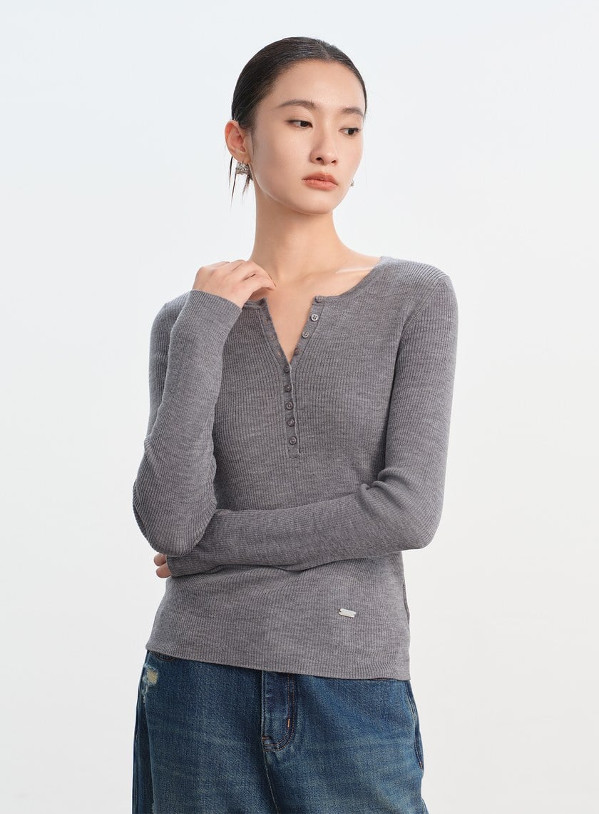 純羊毛半開襟針織上衣