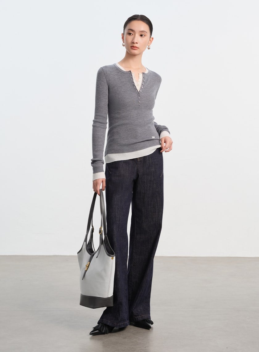 純羊毛半開襟針織上衣