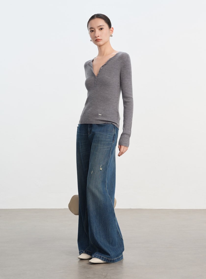 純羊毛半開襟針織上衣